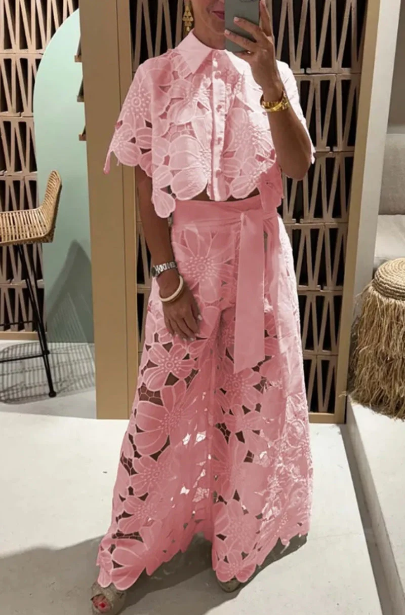 Damen Set im modernen Blumendesign mit cropped Bluse und Maxi-Rock