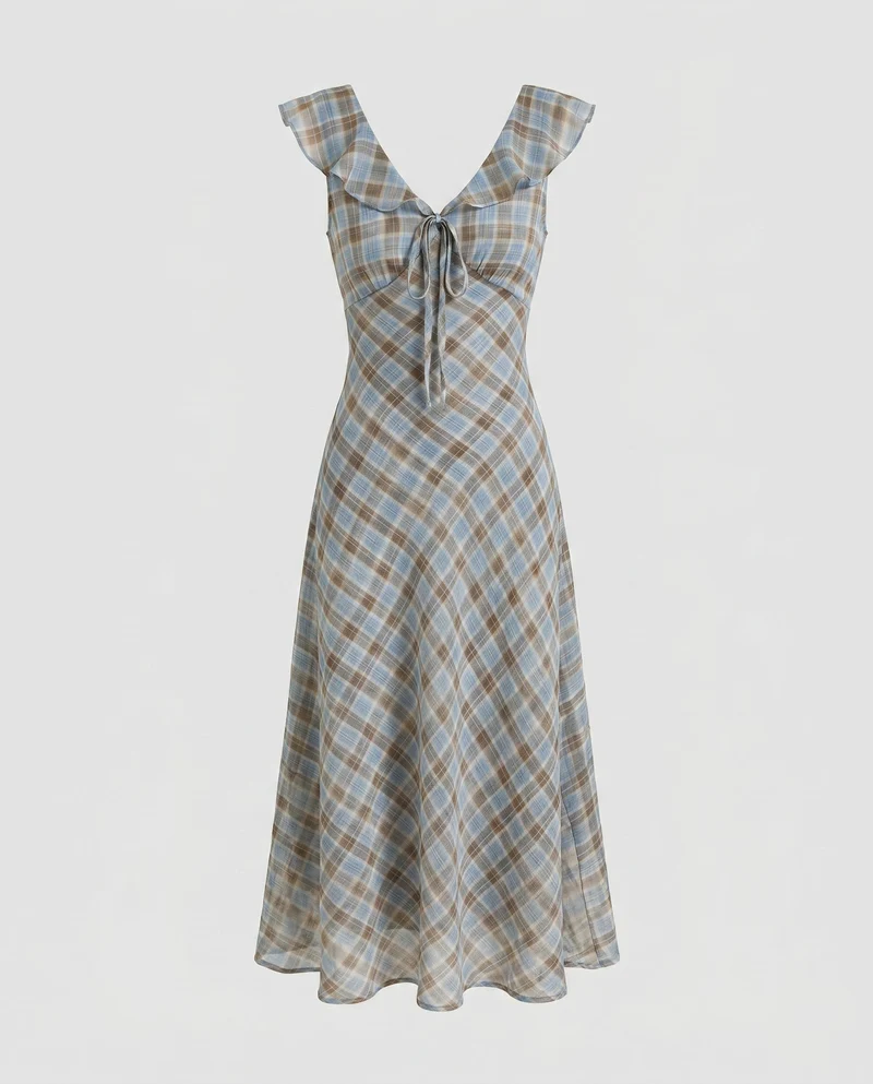 Damen Plaid Maxikleid mit geflochtenem Ausschnitt und schwingendem Rock
