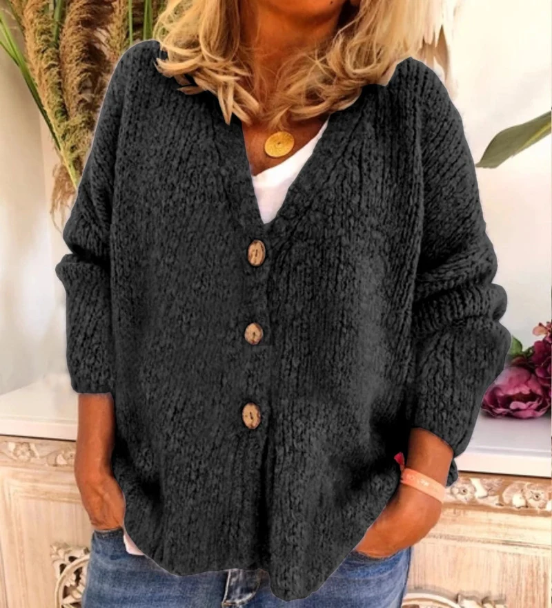 Nord Taschen | Woll Übergröße Strickjacke V-Ausschnitt Knopf Vorder Strickjacke
