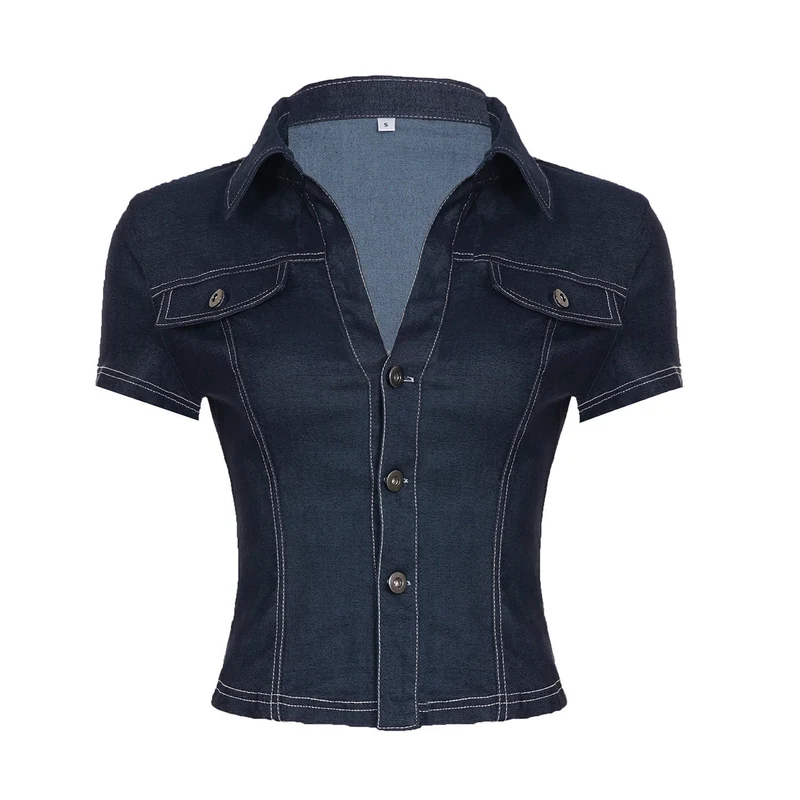 Damen Stylisches Jeanshemd mit taillierter Passform und kurzen Ärmeln