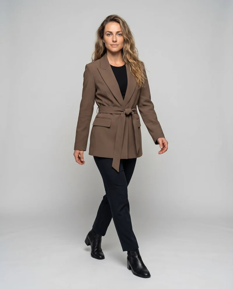 Damen Blazer Reverskragen Bindegürtel Pattentaschen