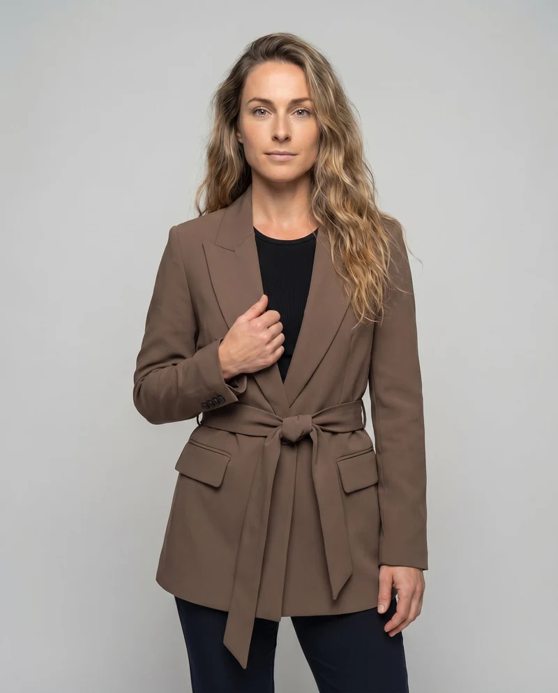 Damen Blazer Reverskragen Bindegürtel Pattentaschen