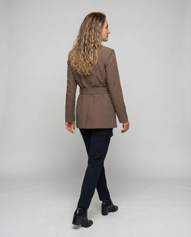 Damen Blazer Reverskragen Bindegürtel Pattentaschen