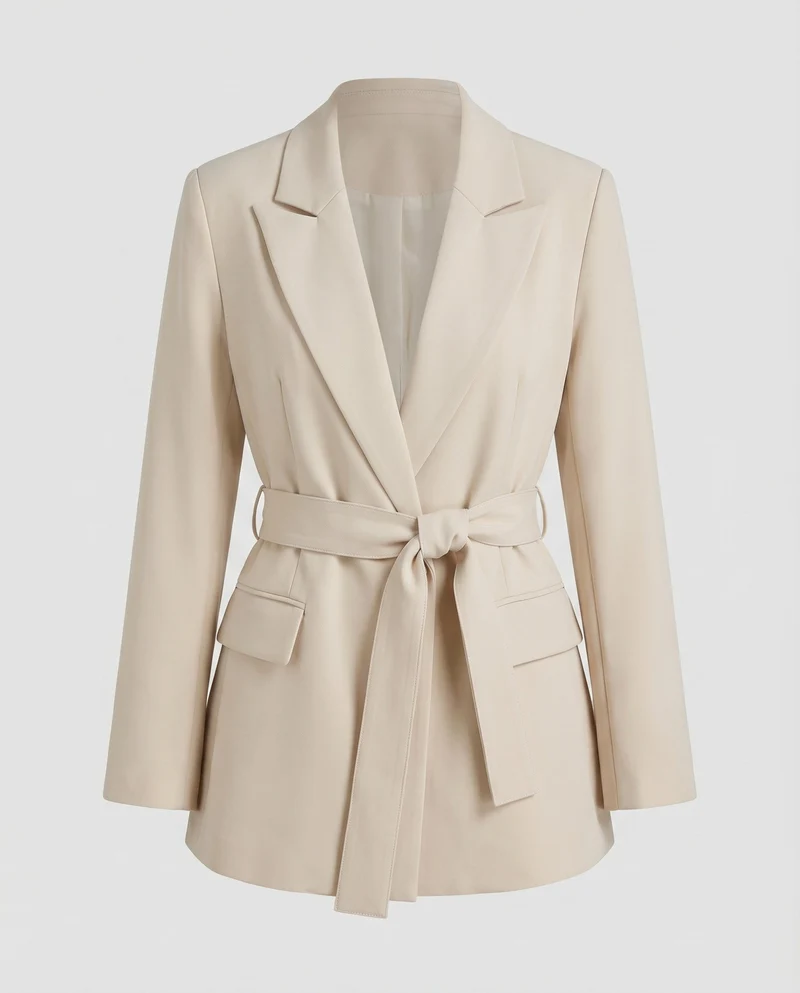 Damen Blazer Reverskragen Bindegürtel Pattentaschen