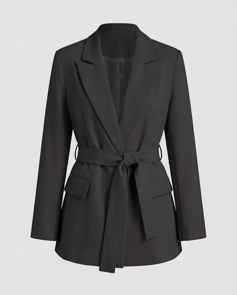 Damen Blazer Reverskragen Bindegürtel Pattentaschen