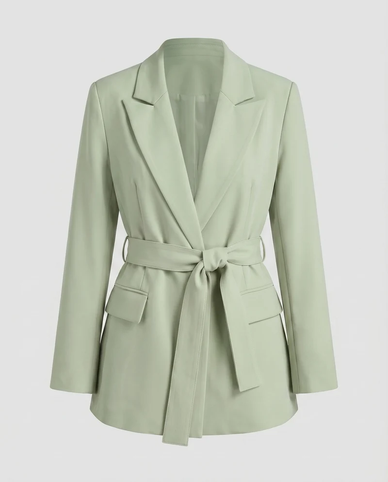 Damen Blazer Reverskragen Bindegürtel Pattentaschen