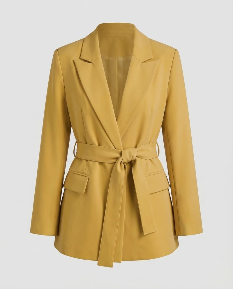 Damen Blazer Reverskragen Bindegürtel Pattentaschen