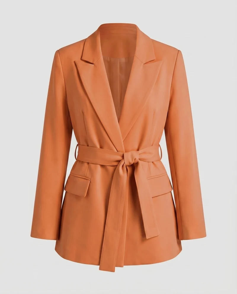 Damen Blazer Reverskragen Bindegürtel Pattentaschen