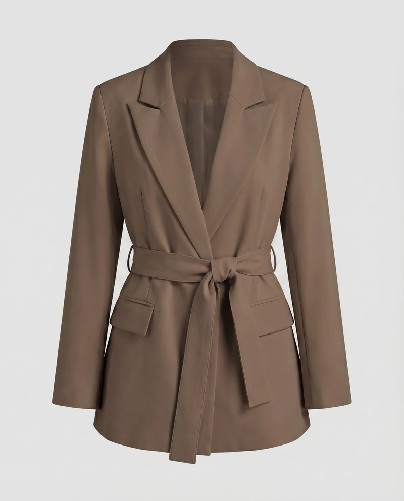 Damen Blazer Reverskragen Bindegürtel Pattentaschen