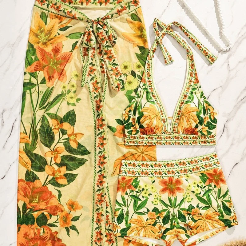 Damen Bikiniset mit floralem langen Überwurf