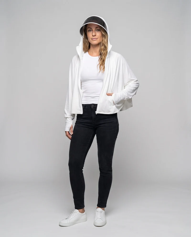 Damen UV-Schutz Kapuzenbluse mit erweiterbarem Gesichtsvisier