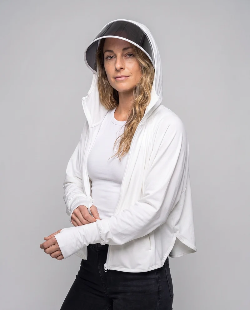 Damen UV-Schutz Kapuzenbluse mit erweiterbarem Gesichtsvisier