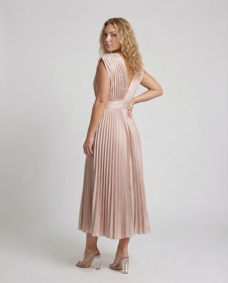 Damen Plissee Midikleid mit V-Ausschnitt