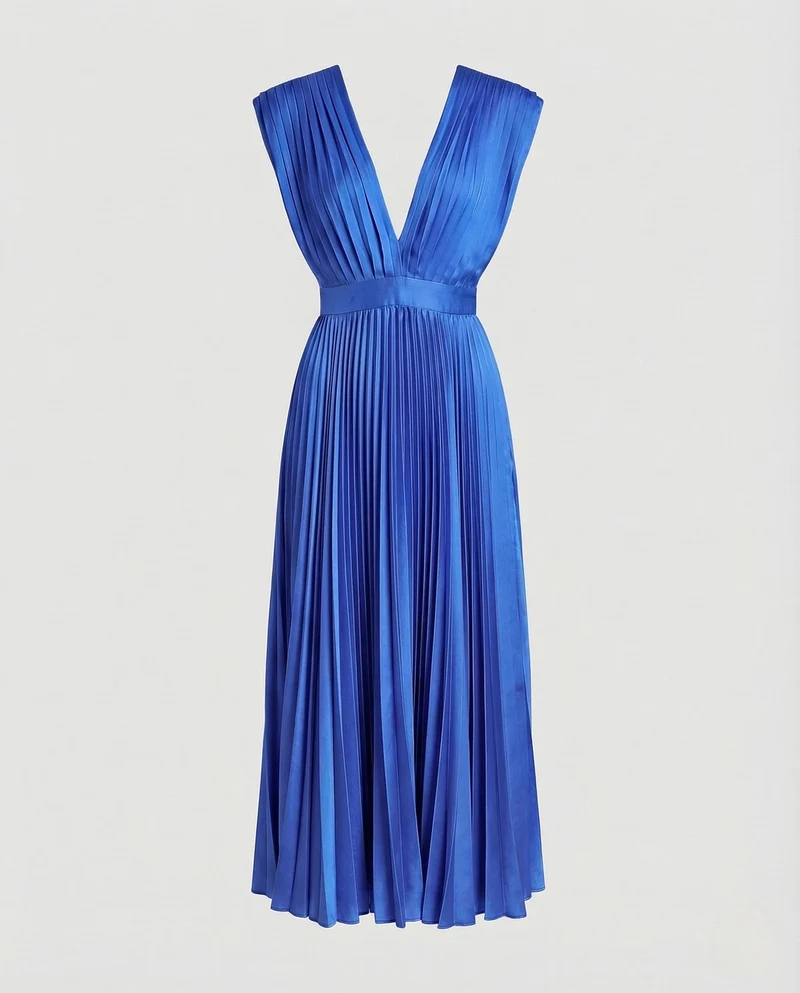 Damen Plissee Midikleid mit V-Ausschnitt