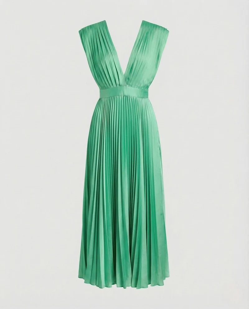 Damen Plissee Midikleid mit V-Ausschnitt