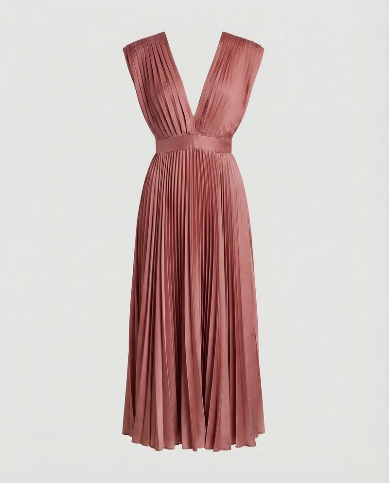 Damen Plissee Midikleid mit V-Ausschnitt