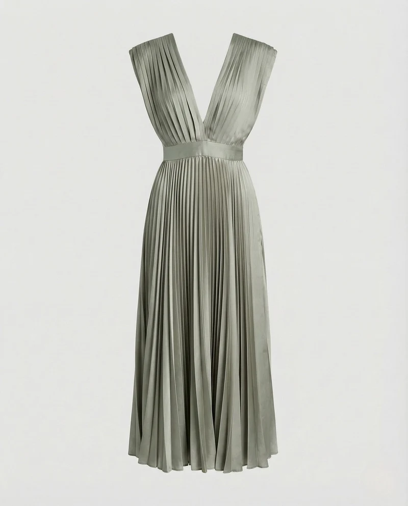 Damen Plissee Midikleid mit V-Ausschnitt