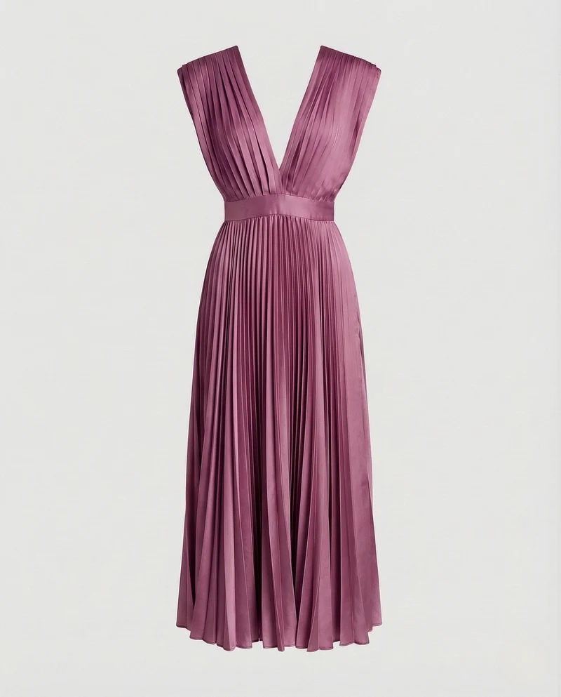 Damen Plissee Midikleid mit V-Ausschnitt