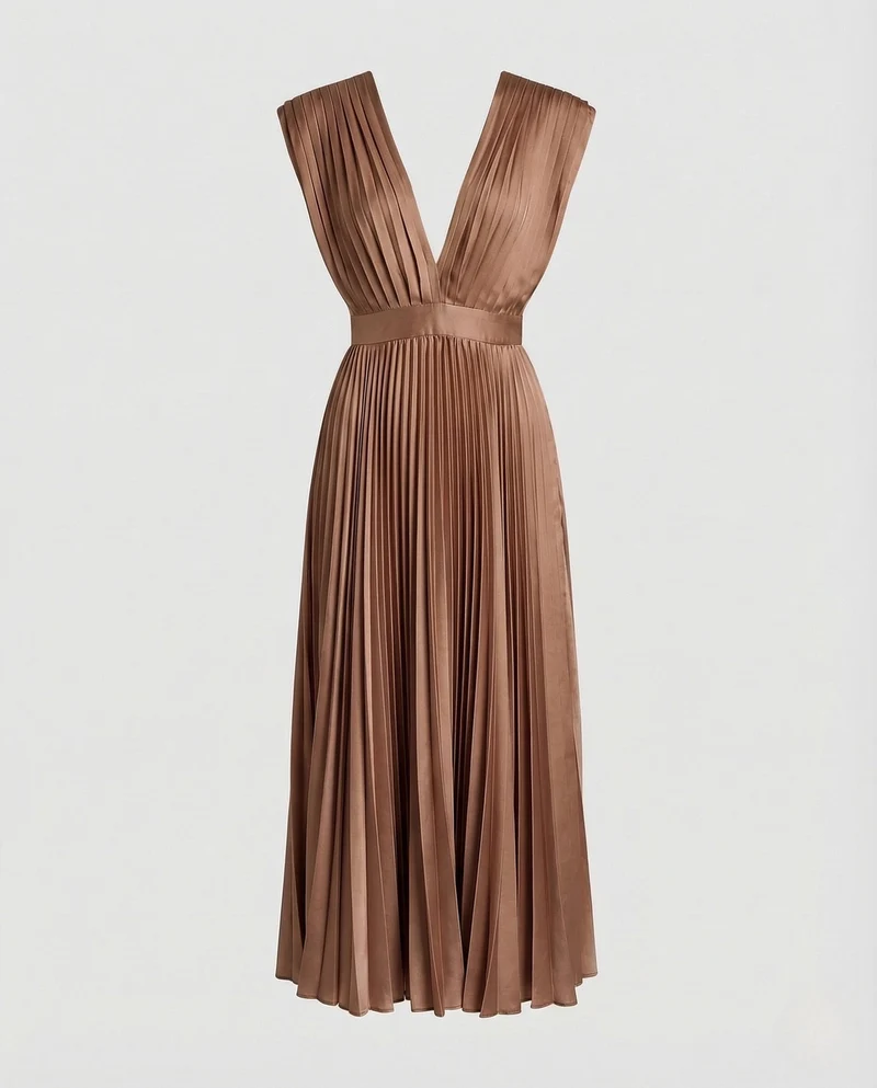 Damen Plissee Midikleid mit V-Ausschnitt