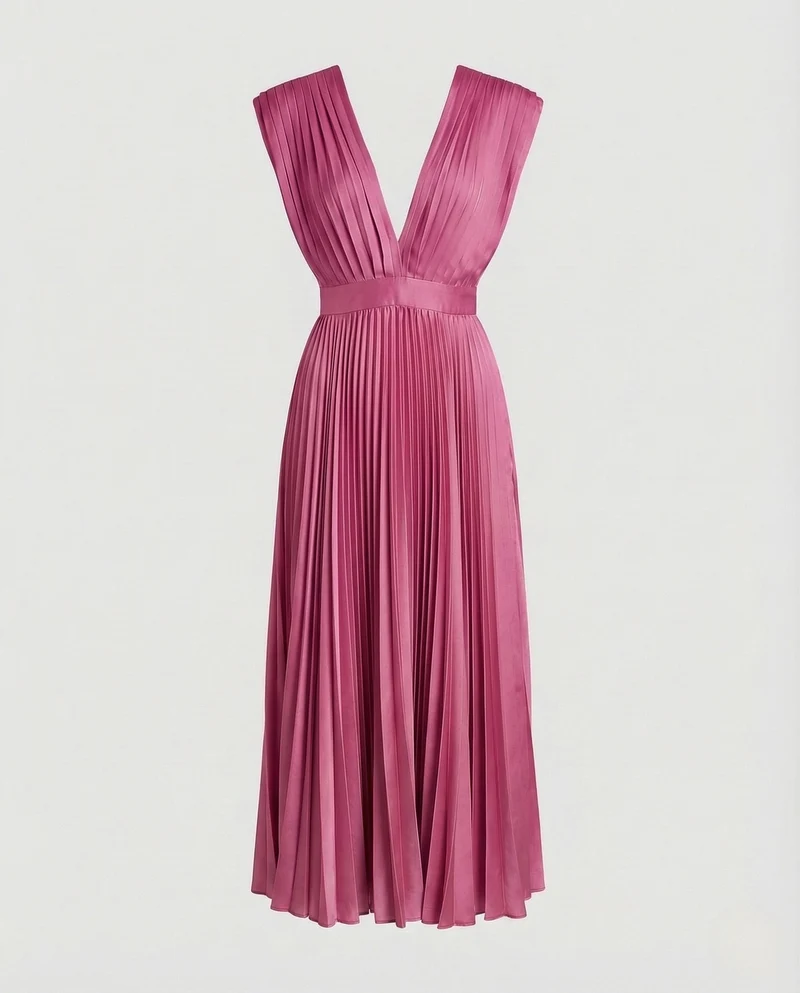 Damen Plissee Midikleid mit V-Ausschnitt