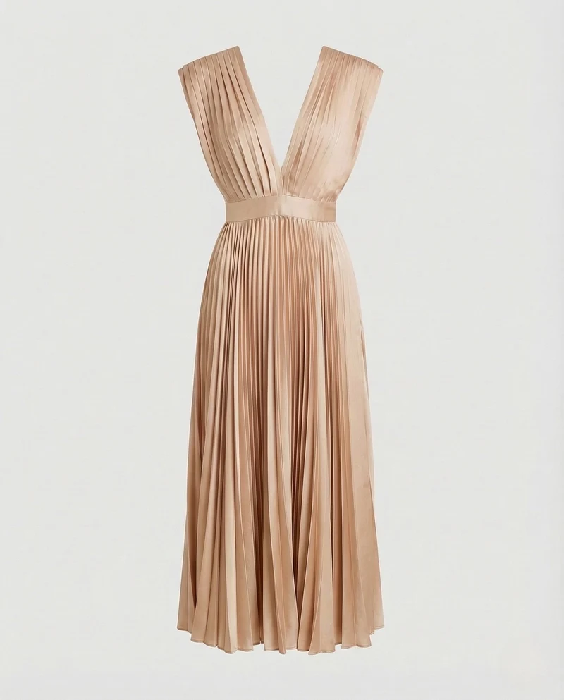 Damen Plissee Midikleid mit V-Ausschnitt