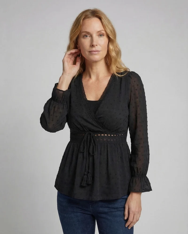 Damen Boho Wickelbluse Häkelband