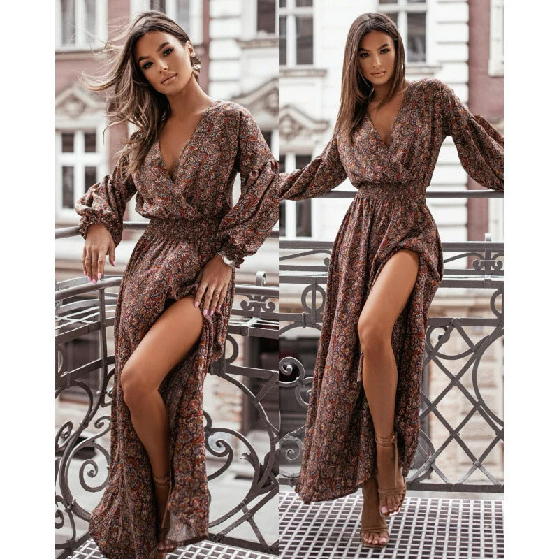 Damen Maxikleid mit tiefem V-Ausschnitt und voluminösen Ärmeln