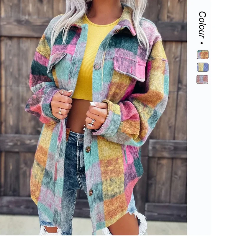 Damen Karo Oversize-Hemdjacke aus weichem Wollmaterial mit praktischen Taschen Nord Taschen