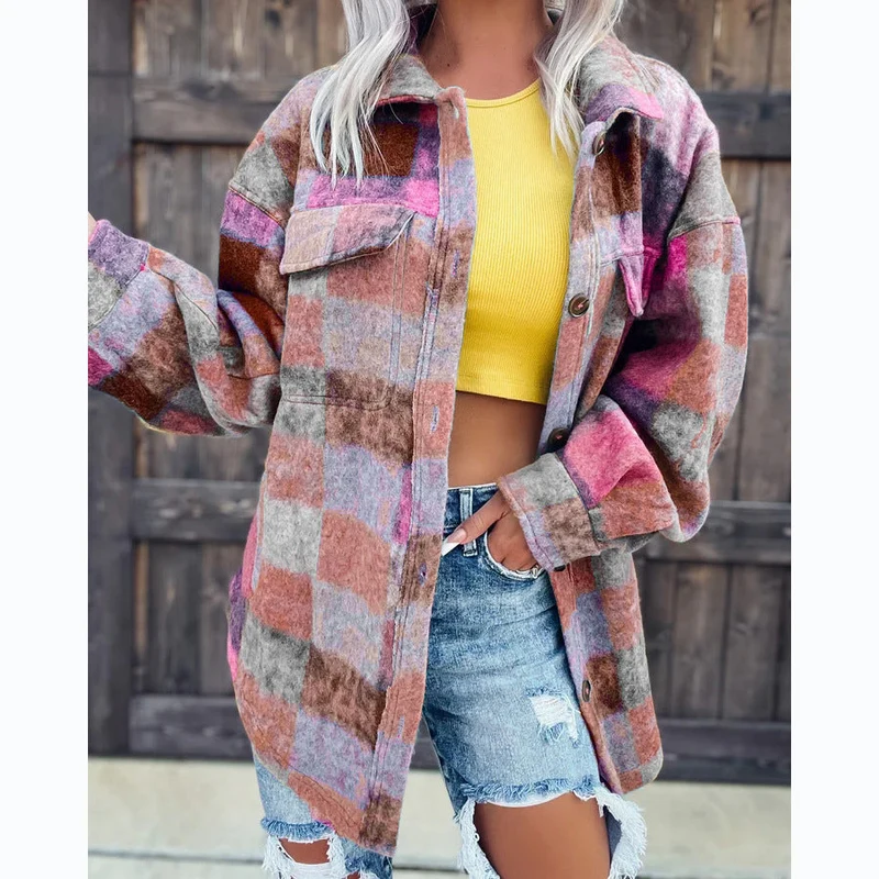 Damen Karo Oversize-Hemdjacke aus weichem Wollmaterial mit praktischen Taschen Nord Taschen