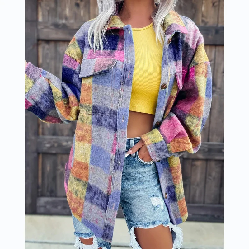 Damen Karo Oversize-Hemdjacke aus weichem Wollmaterial mit praktischen Taschen Nord Taschen