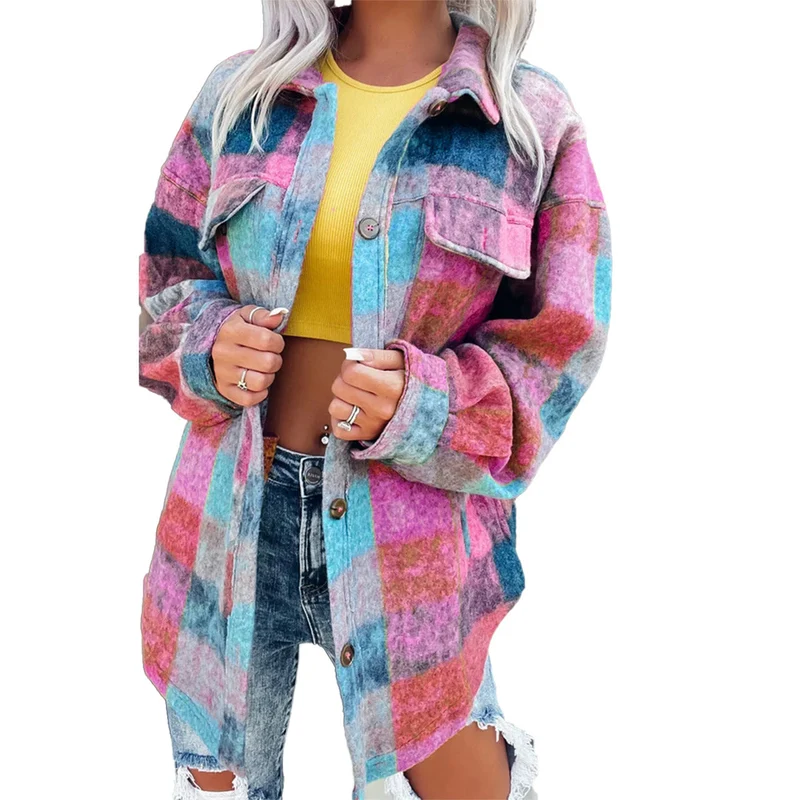 Damen Karo Oversize-Hemdjacke aus weichem Wollmaterial mit praktischen Taschen Nord Taschen