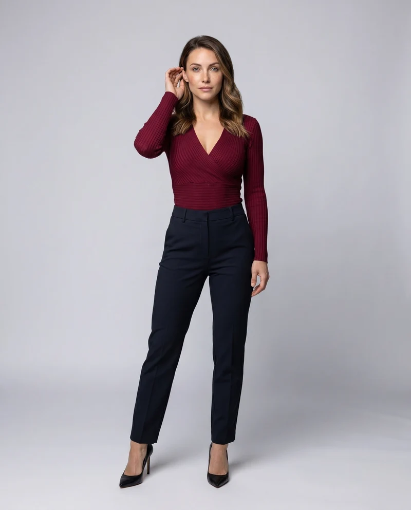 Damen Langarm-Rippbluse mit Wickeldesign