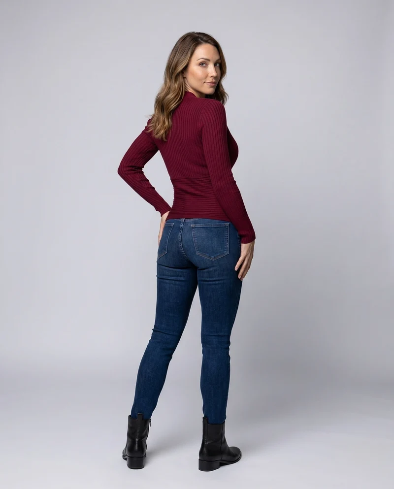 Damen Langarm-Rippbluse mit Wickeldesign
