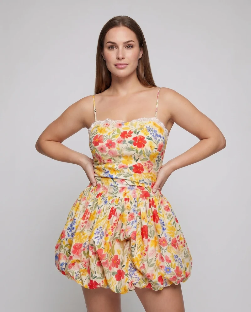 Damen Sommer-Minikleid Rüschensaum Spitzenbesatz Tailliert