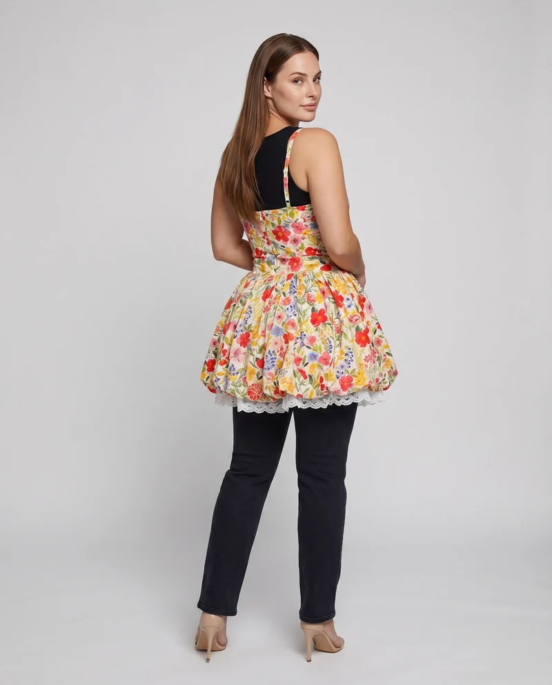 Damen Sommer-Minikleid Rüschensaum Spitzenbesatz Tailliert
