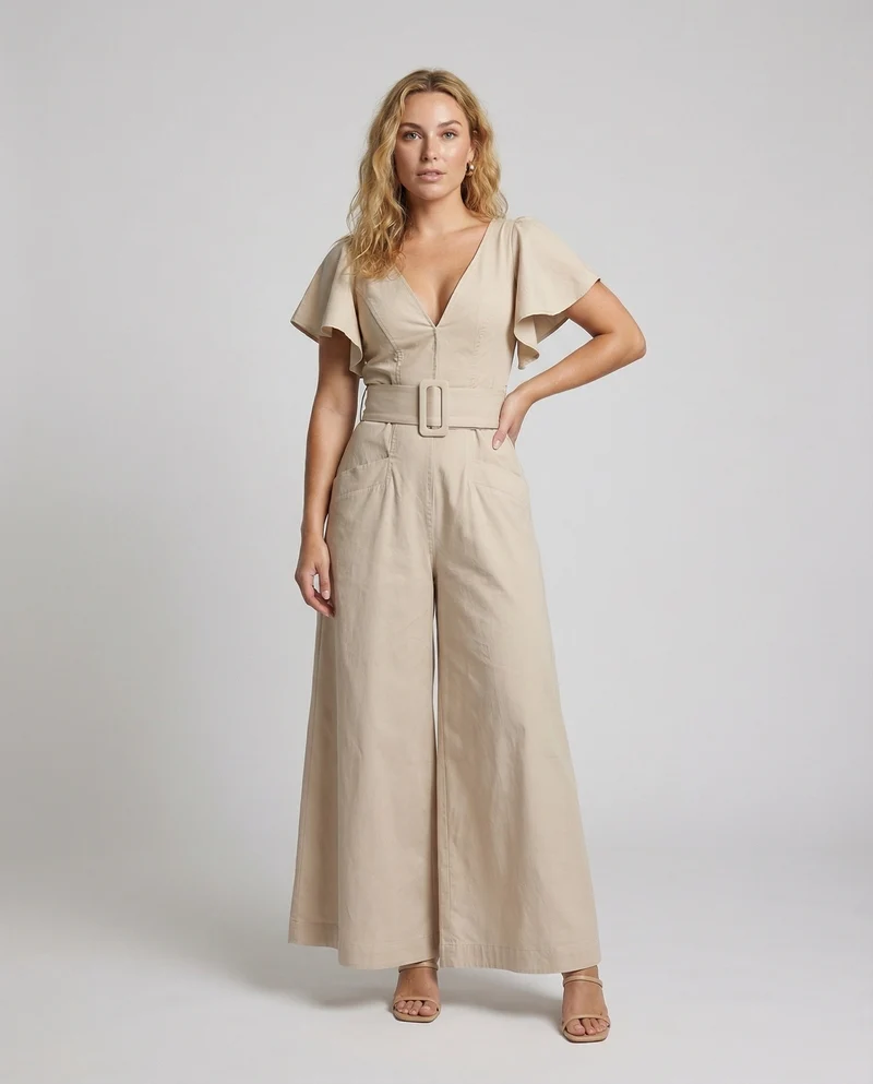 Damen taillierter Leinenoptik-Overall mit Palazzo-Bein