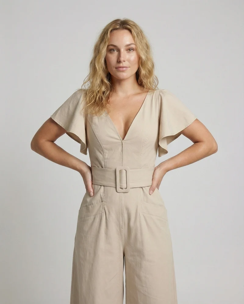 Damen taillierter Leinenoptik-Overall mit Palazzo-Bein