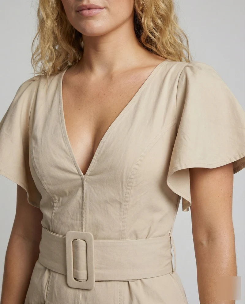 Damen taillierter Leinenoptik-Overall mit Palazzo-Bein