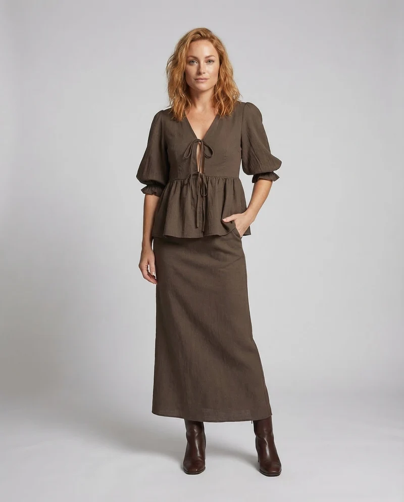Damen Peplumbluse-Set Taillierter Maxirock