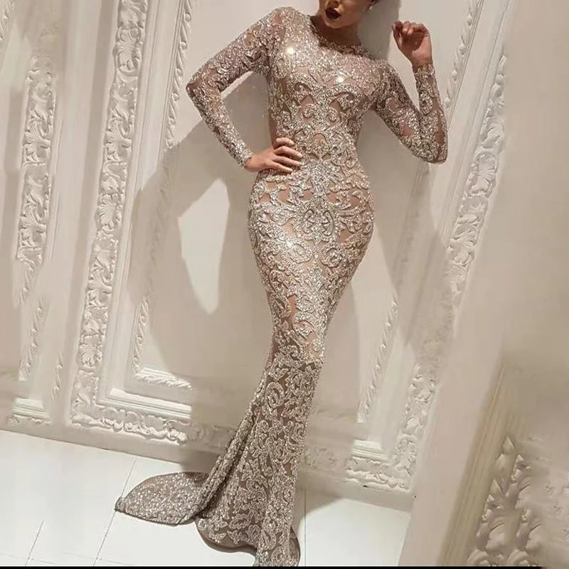 Chic Damen Bronzing Langärmelig Slim Fit Kleid