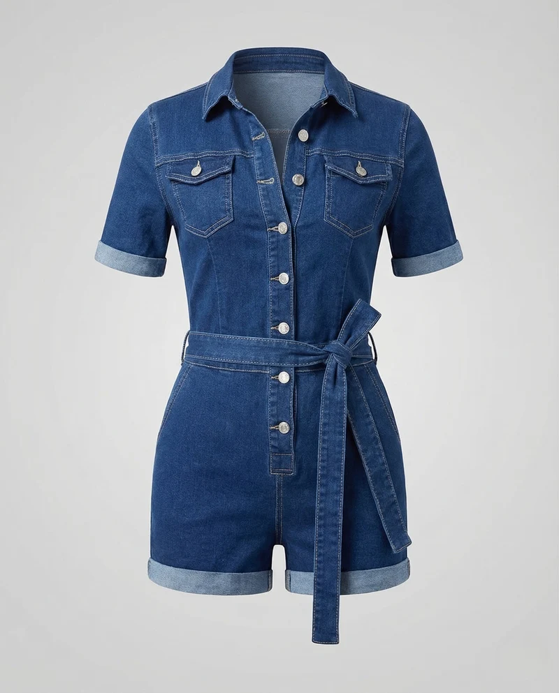 Damen Jeans Overall Kurzarm Gürtel