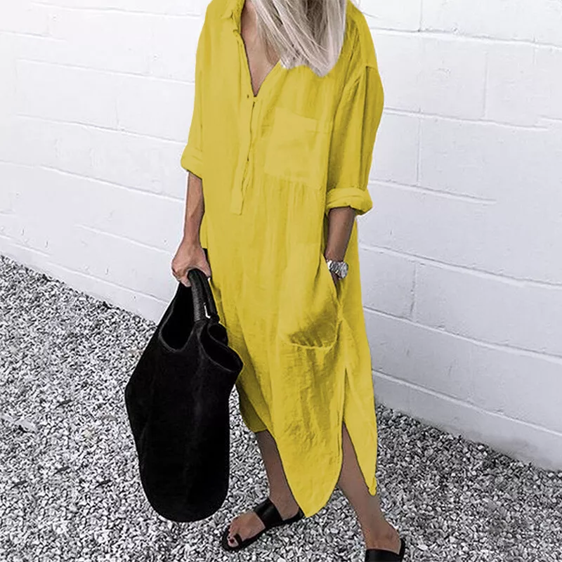 Lockeres Langes Kleid mit Langen Ärmeln und Seitentaschen Kleid