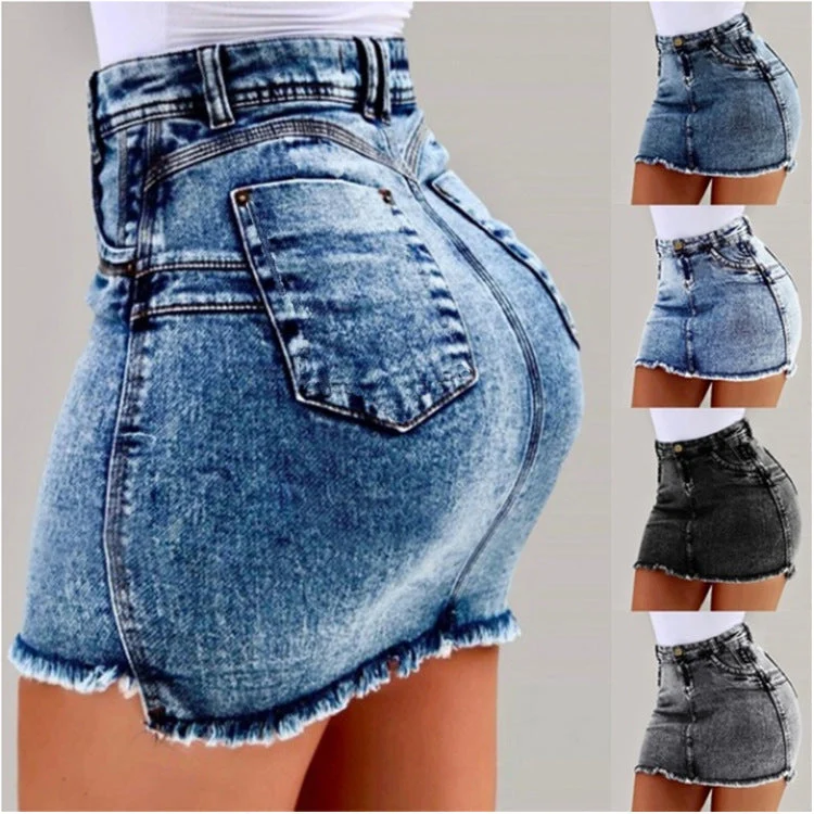 Damen Denimrock mit hohem Bund und fransigem Saum
