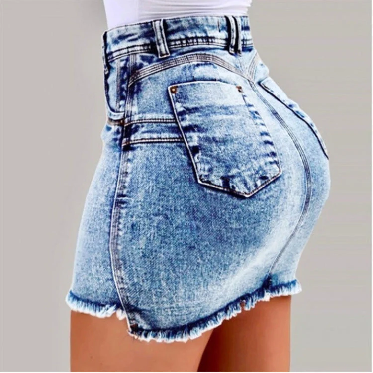 Damen Denimrock mit hohem Bund und fransigem Saum