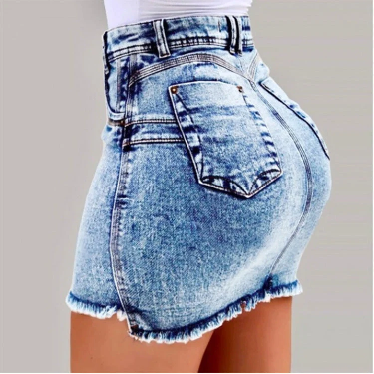 Damen Denimrock mit hohem Bund und fransigem Saum