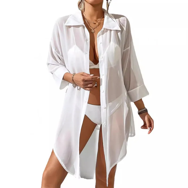 Damen lässige Strandbluse aus transparentem Stoff mit Knopfverschluss