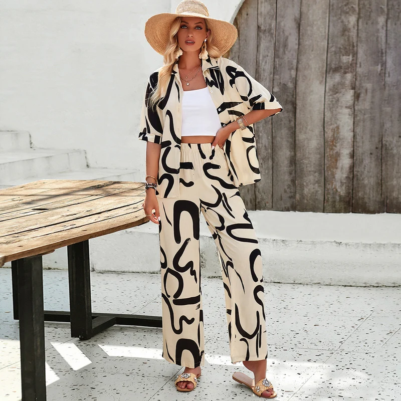 Damen luftiges Zweiteiliges Ensemble mit floralem Muster und weiten Hosen