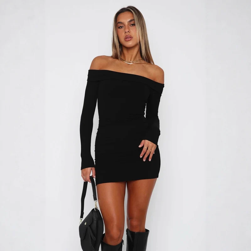Damen Off-Shoulder Minikleid mit langen Ärmeln und taillierter Passform