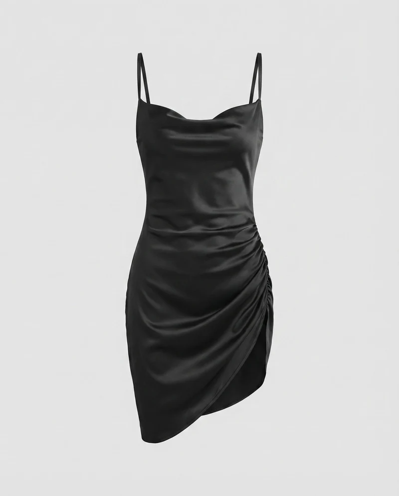 Damen Satin-Minikleid Herzausschnitt Raffung Doppelträger