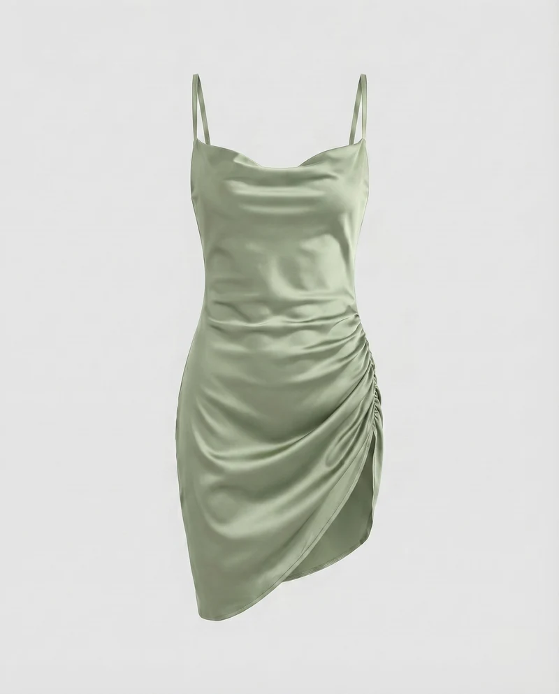 Damen Satin-Minikleid Herzausschnitt Raffung Doppelträger
